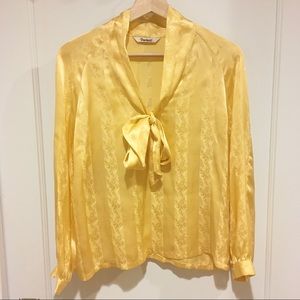 Tucker Silk Blouse Yellow Gold Stripe Tie Neck XS